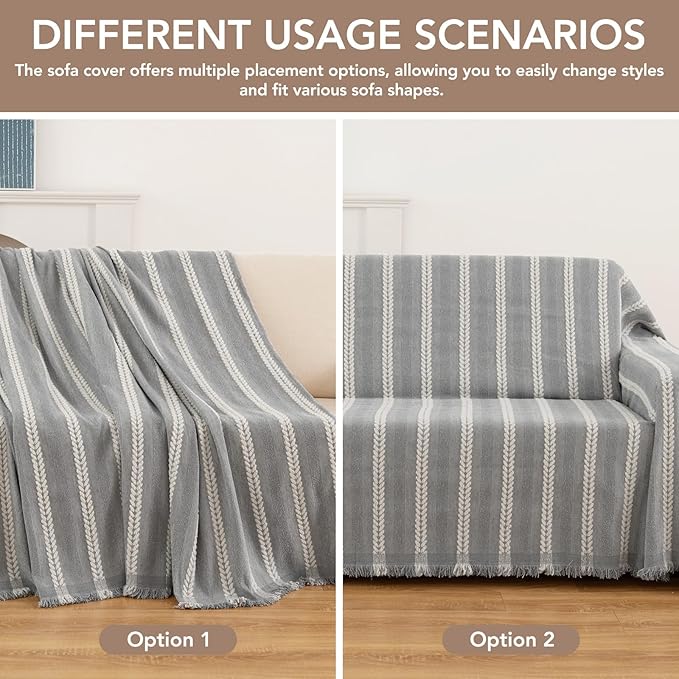Couch Cover for Dogs, Boho Sofa Covers for 3 Cushion Couch, Chenille Sofa Slipcover for Pets Washable, L-Shape Sectional Loveseat Cover Soft Throw Blankets with Tassels(91x134,Striped Grey)