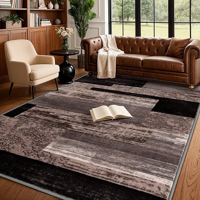 5x7 Washable Area Rugs for Living Room and Bedroom, Vintage Checkered Pattern Non-Slip Carpet, Stain Resistant Low Pile Soft Rug for Dining Room,Office,Nursery,Kids Room(5x7,Chocolate)