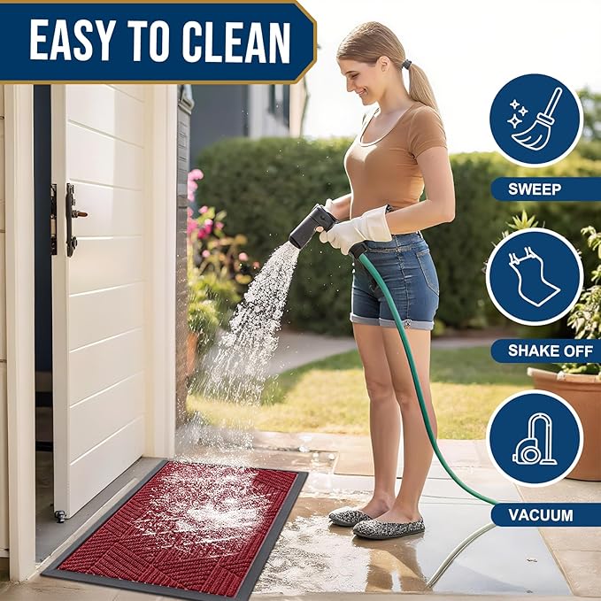 Smiry Front Door Mat Outside Entrance, Heavy Duty Sturdy Natural Rubber Doormat, Trap Dirt and Moisture, Easy Clean Low Profile Mats for Indoor Outdoor Entry, Irregular Triangle (29.5x17, Wine Red)