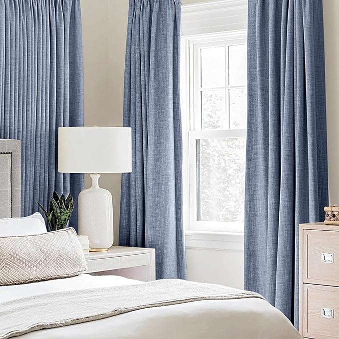 MIULEE Linen Texture Curtains for Bedroom Solid 100% Blackout Thermal Insulated Stone Blue Curtains Grommet Room Darkening Drapes Luxury Decor for Living Room Nursery 52x84 Inch (2 Panels)