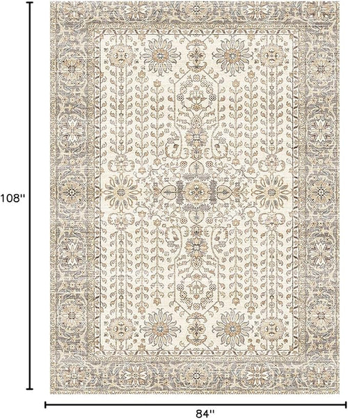 7x9 Area Rugs for Living Room,Thin Washable Rug, Non-Slip Foldable Area Rug for Bedroom, Dining Room, Home Office, Cream