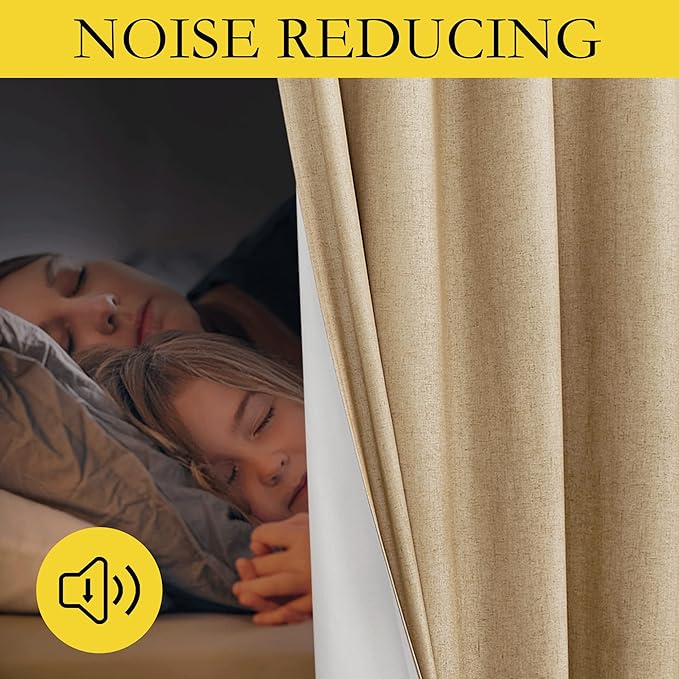 NICETOWN 100% Absolutely Blackout Linen Curtains with Thermal Insulated White Liner, Camel, 52" Wide by 48" Long, 2 Pieces, Linen Blend Window Drapes Privacy Window Treatments for Bedroom/Kids Room