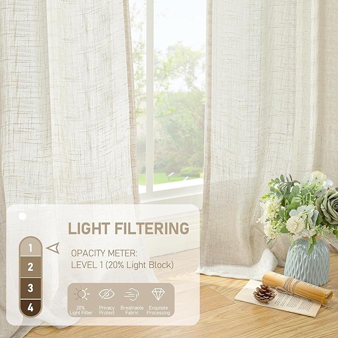 LAMIT Extra Wide Linen Curtains for Bedroom, Natural Cream Ivory Light Filtering Faux Linen Textured Panels Semi Sheer Back Tab and Rod Pocket Boho Drapes for Living Room, 2 Panels, 60 x 84 Inch