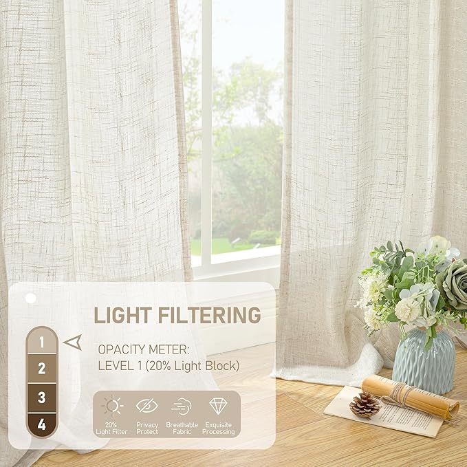 LAMIT Natural Linen Semi Sheer Curtains 63 Inch for Bedroom, Light Filtering Neutral Window Curtains Farmhouse Boho Back Tab and Rod Pocket Panels, Natural Cream Ivory, 2 Panels, 38 x 63 Inch
