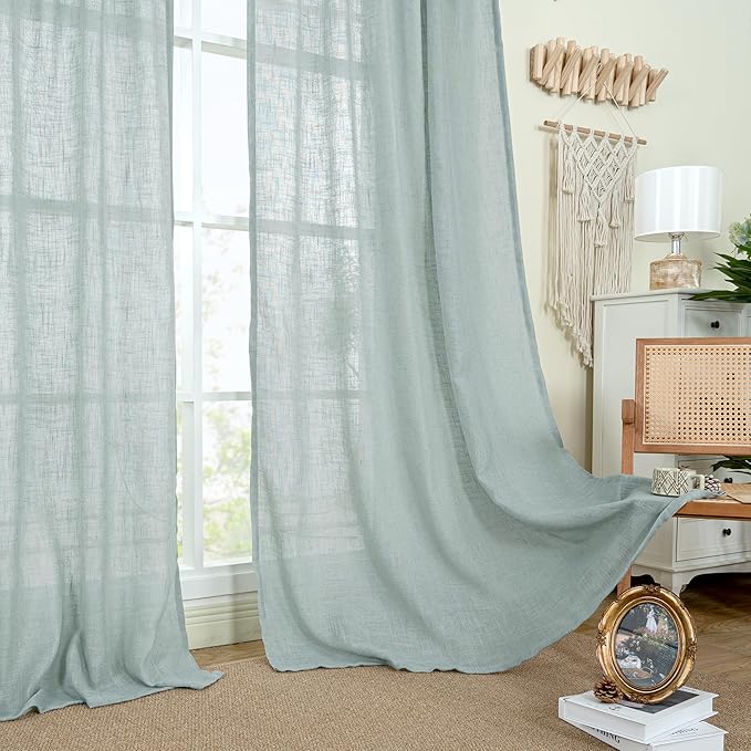 LAMIT Greyish Blue Linen Boho Curtains 80 inch Length 2 Panels, Light Filtering Semi Sheer Panels Back Tab and Rod Pocket Neutral Drapes for Bedroom/Living Room, 34 x 80 Inch