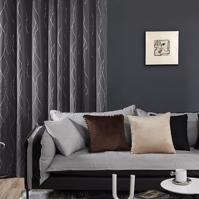 Deconovo Grey Blackout Curtains for Bedroom, Thermal Insulated Soundproof Drapes, Wave Dots Foil Print, 42 x 84 Inches Long, 2 Panels, Machine‑Washable Privacy Window Panel for Living Room Patio Door