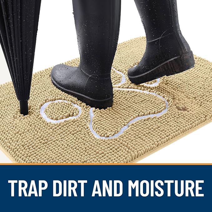 OLANLY Dog Door Mat for Muddy Paws 70x24, Paw Print Design, Absorbs Moisture and Dirt, Absorbent Non-Slip Washable Doormat, Quick Dry Chenille Mud Mat for Dogs, Entry Indoor Entryway Carpet, Beige