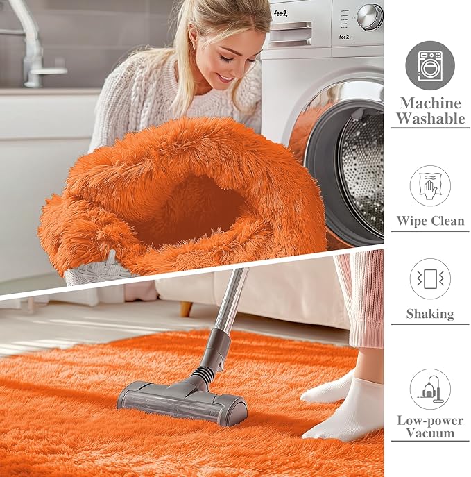 OLANLY Area Rugs for Living Room Bedroom, Machine Washable 4x5.9 ft Soft Fluffy Shaggy Bedside Rug, Indoor Floor Carpet for Kids Girls and Boys, Dorms, Nursery Rooms, Home Decor Aesthetic, Orange