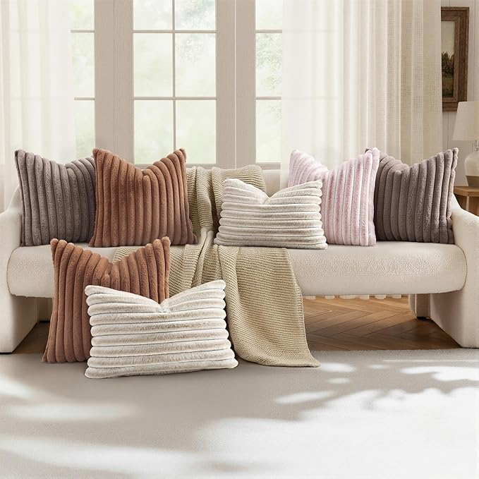 decorUhome Cozy Faux Fur Throw Pillow Covers 20x20 Set of 2 Decorative Soft Plush Striped Modern Farmhouse Boho Couch Pillow Cases with Velvet Back for Sofa Bed Living Room, Light Coffee