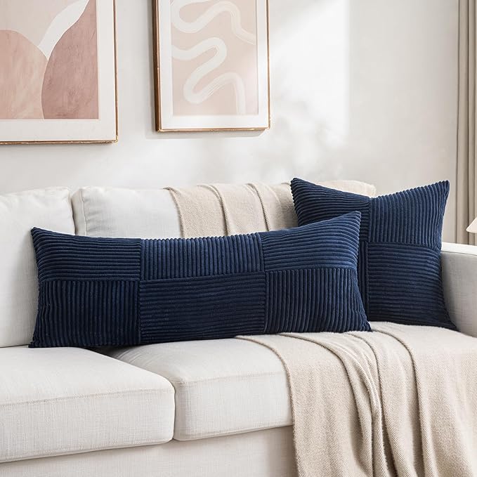 Fancy Homi 2 Packs Navy Blue Decorative Throw Pillow Covers 20x20 Inch for Living Room Couch Bed Sofa, Rustic Farmhouse Boho Home Decor, Soft Corss Corduroy Patchwork Accent Cushion Case 50x50 cm