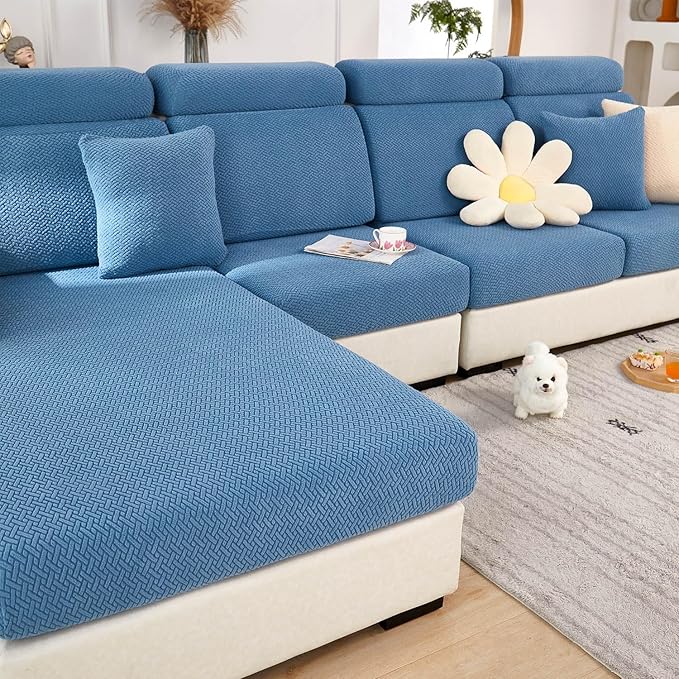 Sofa Covers Couch Covers for Sofa Pet Friendly Couch Cushion Covers Universal Sofa Covers Washable Stretch Slipcovers for Sectional Sofa (Texture Blue, 2 Seats + Chaise Cover)