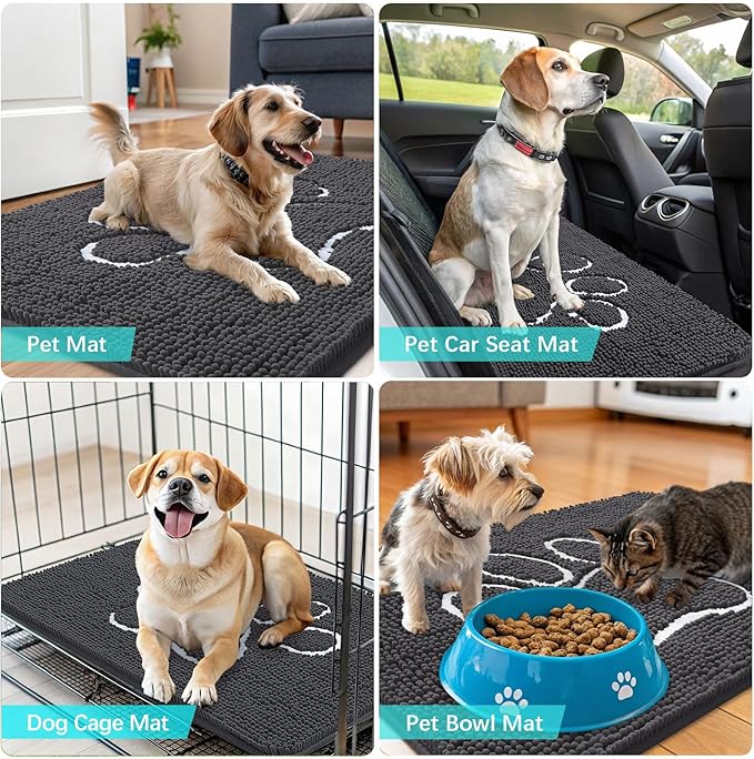 OLANLY Dog Door Mat for Muddy Paws 70x35, Paw Print Design, Absorbs Moisture and Dirt, Absorbent Non-Slip Washable Doormat, Quick Dry Chenille Mud Mat for Dogs, Entry Indoor Entryway Carpet, Dark Grey