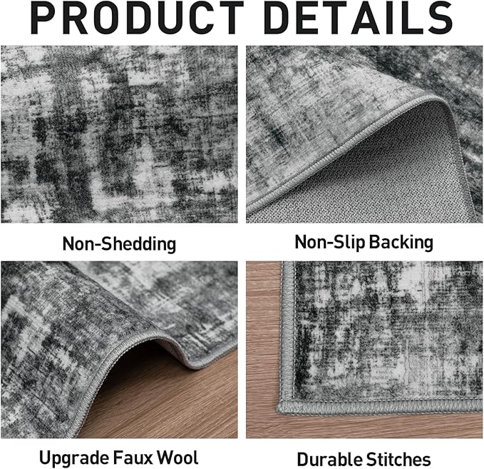 9x12 Area Rugs Washable Rug: Modern Abstract Living Room Rug Soft Anti-Skid Thin Carpet Indoor Floor Non-Shedding Carpets for Bedroom Dining Room Farmhouse Nursery Home Office Black