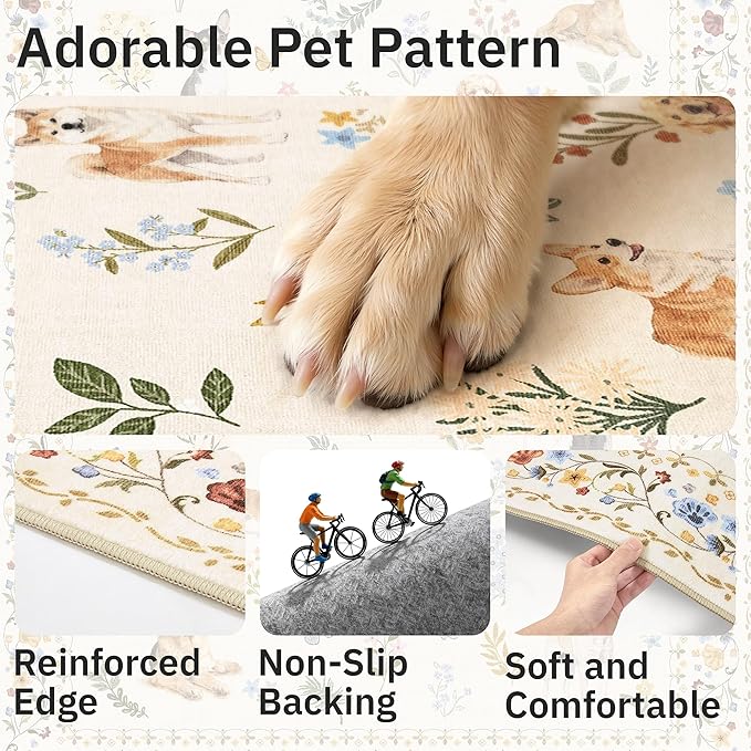 Soalmost Dog 9x12 Area Rugs for Living Room, Machine Washable Animal Floral Vintage Rug Non-Slip Low Pile Soft Throw Large Rugs for Bedroom Dining Room Kitchen Nursery Playroom (9 x 12,Beige)