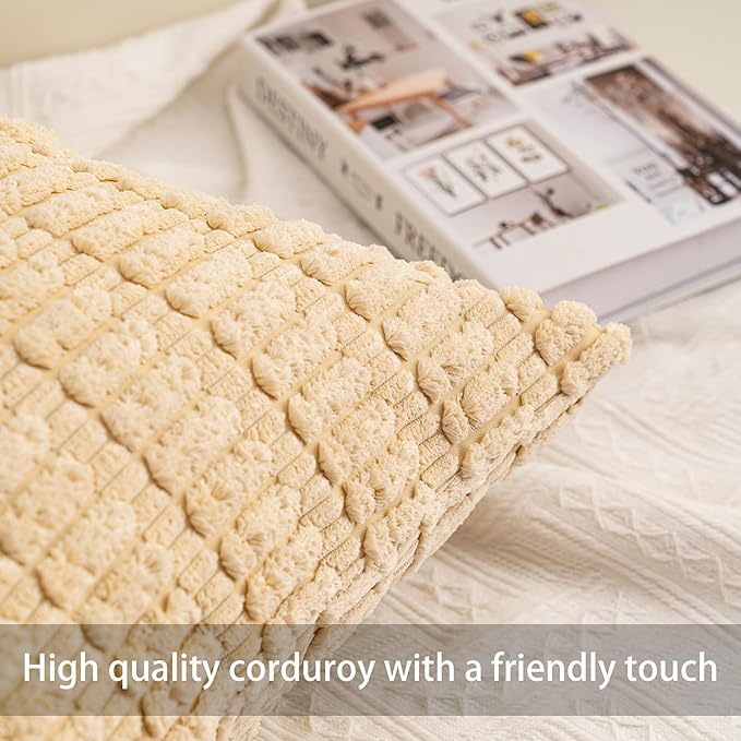 Pack of 2 Corduroy Decorative Throw Pillow Covers 20x20 InchSoft Boho Striped Pillow Covers Modern Farmhouse Home Decor for Sofa Living Room Couch Bed（Beige）