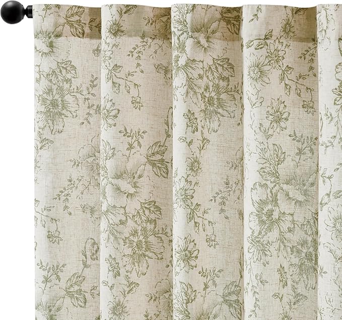 jinchan Linen Blend Floral Curtains for Living Room 108 Inch Length Farmhouse Printed Curtain Rod Pocket Back Tab Sage Green Peony Flower Patterned Drapes Bedroom Curtains Set 2 Panels