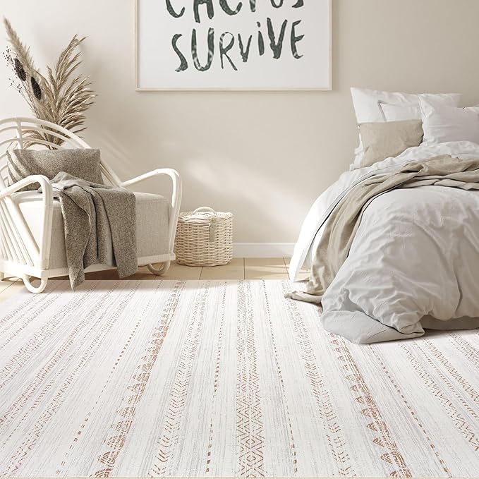 Nakagishi 6x9 Area Rugs Living Room: Washable Boho Large Neutral Soft Farmhouse Rug Stain Resistant Modern Indoor Floor Non-Slip Carpet for Bedroom Nursery Kids Playroom Office Dining Room Dorm- Brown