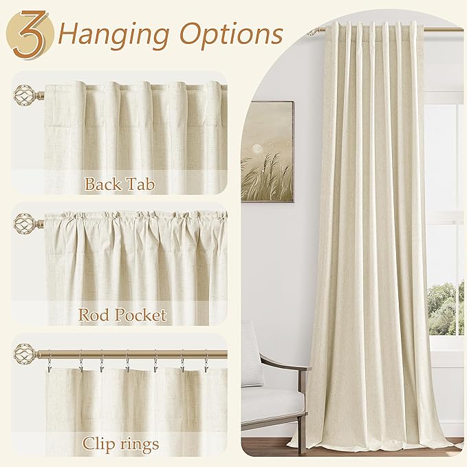 Guken 100% Blackout Curtains 96 Inch Length 2 Panels Set for Living Room Bedroom Back Tab Thermal Insulated Black Out Linen Drapes Room Darkening Window Curtains 96 Inches Long,Warm Beige