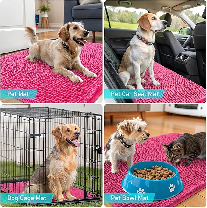 OLANLY Dog Door Mat for Muddy Paws 30x20, Absorbs Moisture and Dirt, Absorbent Non-Slip Washable Doormat, Quick Dry Chenille Mud Mat for Dogs, Entry Indoor Entryway Carpet for Inside Floor, Hot Pink