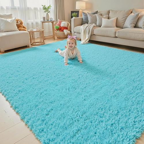 Area Rugs 9x12 Living Room, Shaggy Carpet Soft Plush Furry Bedside Rug Large Area Rugs for Bedroom Kids Girls Boys Home Decor Anti Slip(9 x 12, Teal Blue)