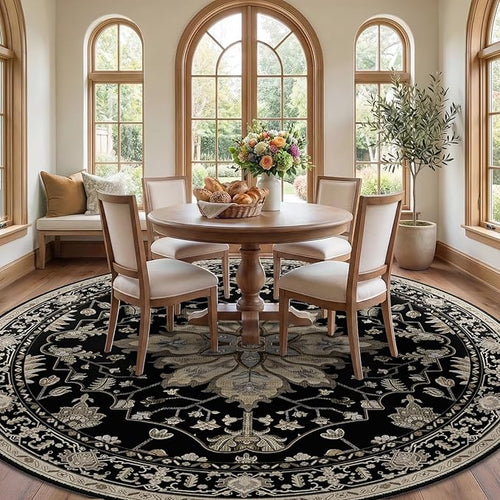 Area Rugs 8ft Washable Non-Slip, Floral Vintage Distress Print Pattern Medallion Carpet for Living Room Bedroom Dining Room, Black Brown Neutral Dark Tan