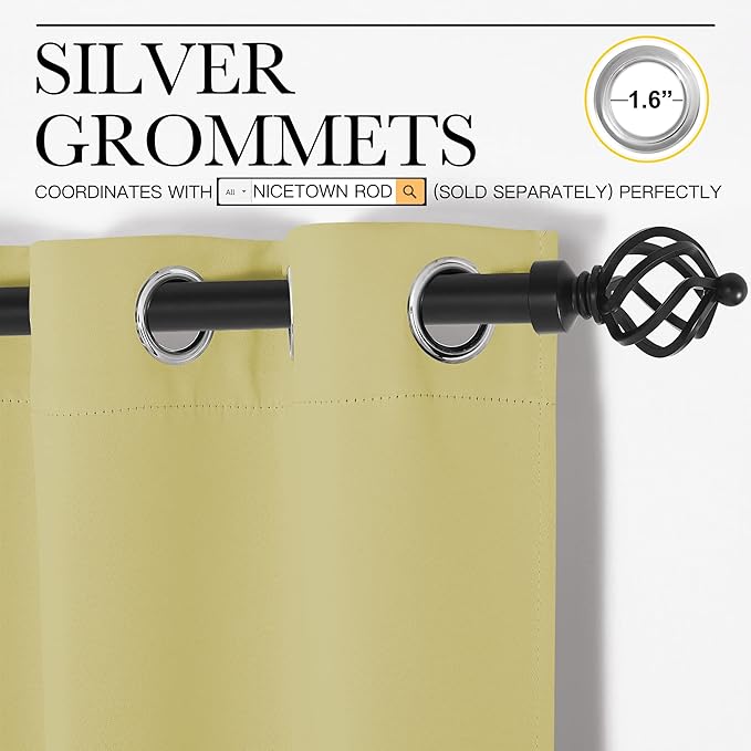 NICETOWN Kitchen Blackout Short Curtain Panels for Bedroom, Paler Yellow, 2 Panels, W42 x L45 -Inch, Thermal Insulated Grommet Top Blackout Draperies and Drapes