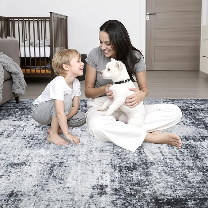 4x6 Area Rug Living Room Rug: Washable Modern Abstract Soft Thin Rug Indoor Floor No Slip Stain Resistant Carpet for Bedroom Dining Room Farmhouse Nursery Home Office - Dark-Black