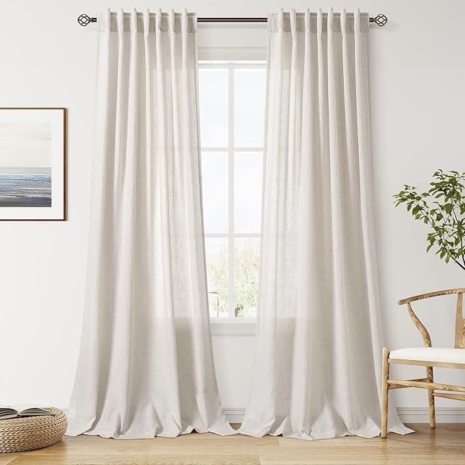 Nanspring Pearl White Linen Curtains 102 Inches Long for Living Room Light Filtering Semi Sheer Curtain Back Tab Coastal Decor Floor to Ceiling Modern Drapes for Bedroom Office 52x102, 2 Panels