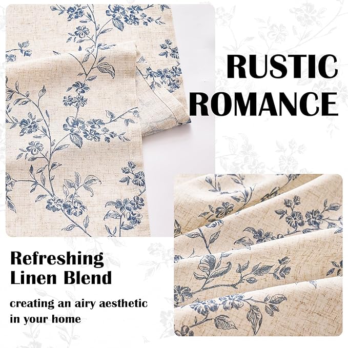 Lazzzy Blue Floral Linen Curtains 84 Inch Length Farmhouse Curtain Back Tab Drapes for Living Room Bedroom Light Filtering Vintage Rod Pocket Curtains, 2 Panels, Blue on Beige