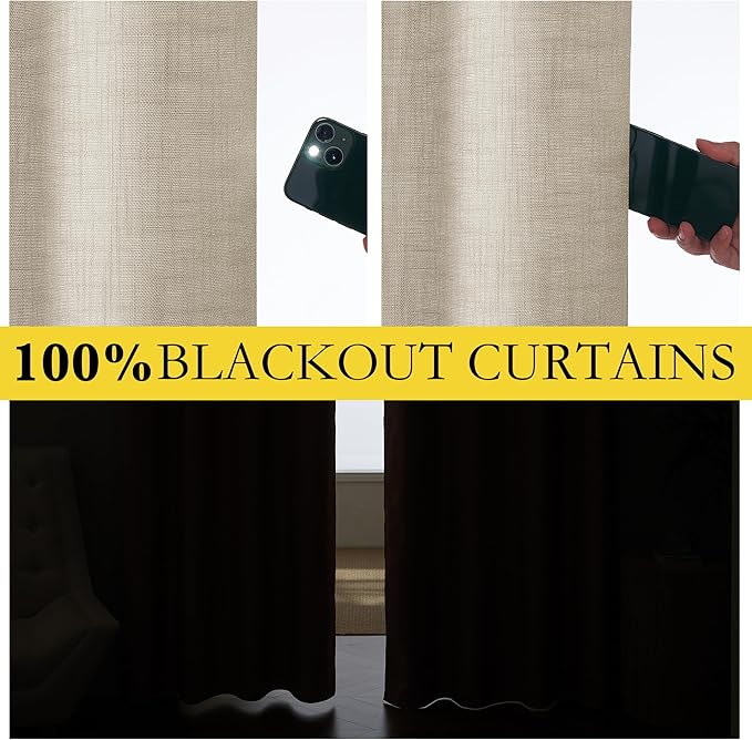 NICETOWN Taupe 100% Blackout Linen Curtains 72 inch Long Burg, Farmhouse Thick Completely Blackout Window Treatment Panels Thermal Insulated Drapes for Living Room (1 Pair, 52" Width Each Panel)