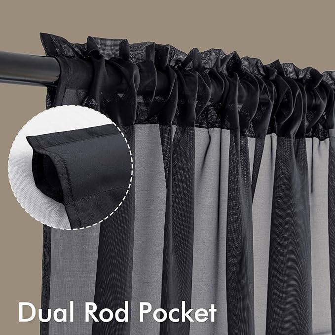 MIULEE Black Sheer Curtains 90 Inches Long, 4 Panels Set, Light Filtering Halloween Rod Pocket Voile Drapes for Living Room and Bedroom, Airy Soft Fabric Window Treatments, 42 x 90 Inches