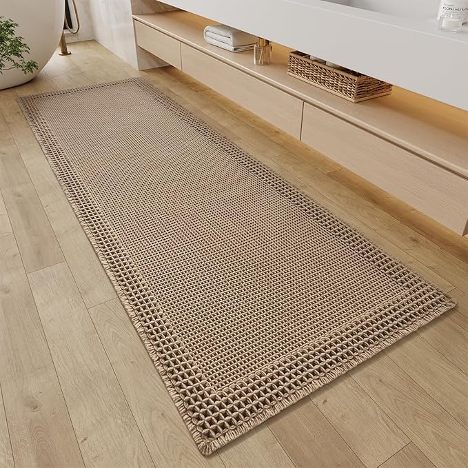 RESARE Waffle Bathroom Runner Rugs, Super Absorbent Bath Mat Non Slip Washable Quick Dry, Upgraded Ultra Soft Boho Bath Rugs with Tassels for Hallway Bedroom Laundry Room, 2'x5'(24"x60"), Brown