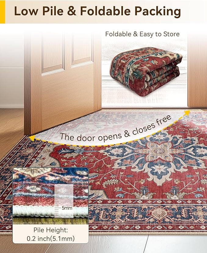 RELEANY Area Rugs 9'x12' Washable Non-Slip, Floral Vintage Distress Print Pattern Medallion Carpet for Living Room Bedroom Dining Room, Red Blue