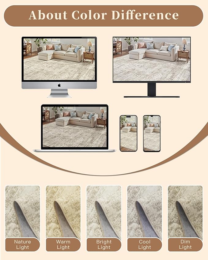 Madane 9x12 Area Rugs for Living Room, Soft Vintage Beige Area Rug with Non Slip Backing, Washable Non-Shedding Low Pile Large Print Floor Carpet for Home Office Decor