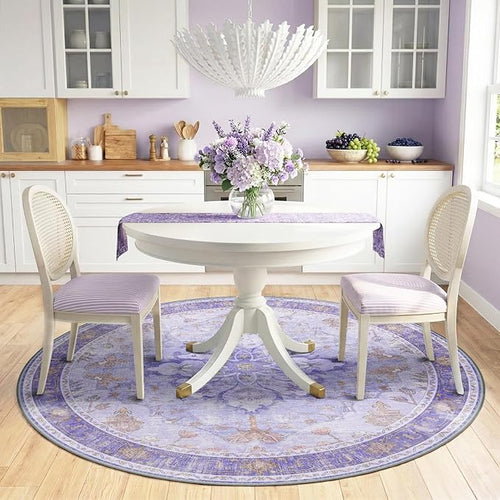 Area Rugs 6ft Washable Non-Slip, Floral Vintage Distress Print Pattern Medallion Carpet for Living Room Bedroom Dining Room, Light Purple Brown