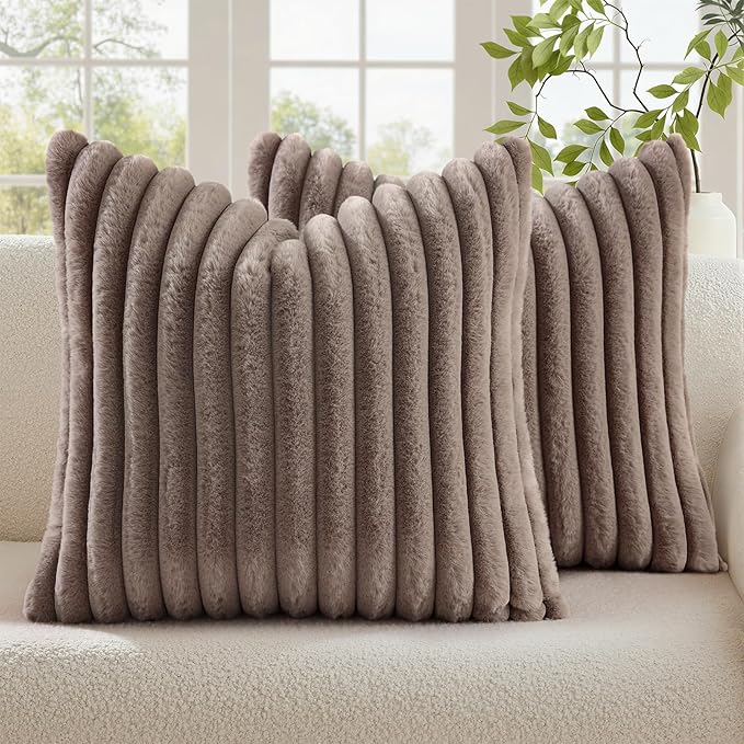 decorUhome Cozy Faux Fur Throw Pillow Covers 24x24 Set of 2 Decorative Soft Plush Striped Modern Farmhouse Boho Couch Euro Sham Pillow Cases with Velvet Back for Sofa Bed Living Room, Light Coffee