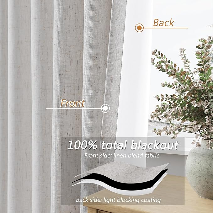 Guken Natural Extra Long 100% Black Out Curtains 120 Inch Length 2 Panels Set for Living Room Bedroom Back Tab Thermal Insulated Blackout Linen Drapes Room Darkening Window Curtain, 52" W x 120" L