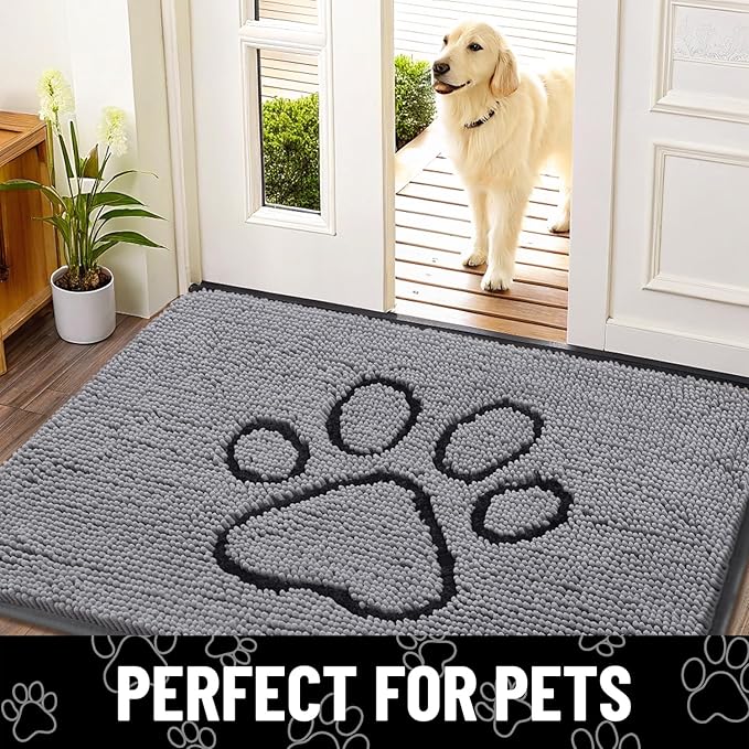 Smiry Dog Door Mat for Muddy Paws, Absorbent Dirt Trapper Non Slip Quick Dry Washable Chenille Mat for Mud Dogs, Entry Rug for Indoor and Outdoor (47x17 Inches, Grey and Black)