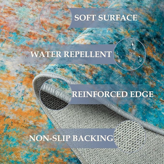 Washable Area Rugs 9'x12' Non-Slip Modern Abstract Soft for Living Room Entryway Bedroom Nursery, Print Pattern, Teal Blue Green Orange Rust Red Coloreful