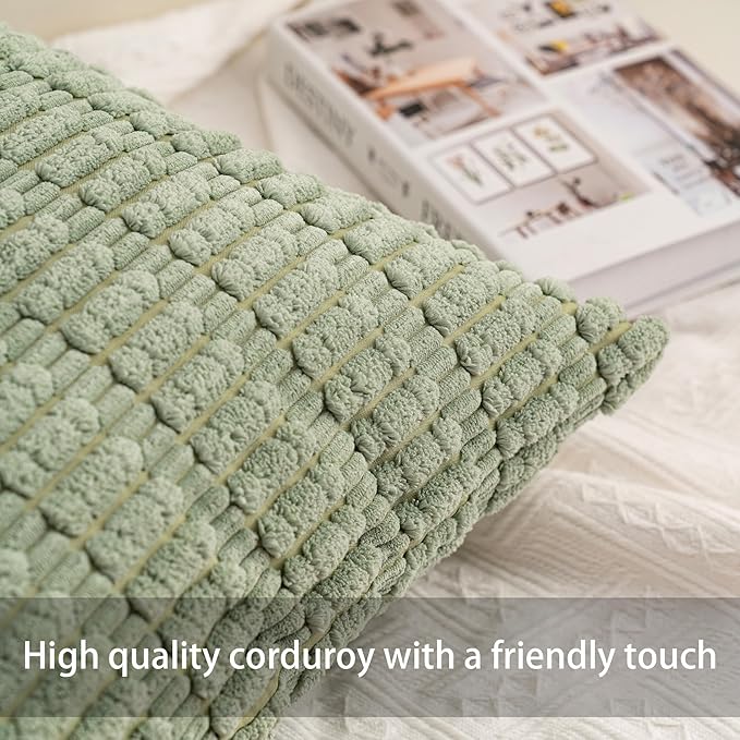 Pack of 2 Christmas Green Corduroy Decorative Throw Pillow Covers 12x20 Inch Soft Striped Pillow Covers Modern Farmhouse Home Decor for Sofa Living Room Couch Bed（Blackish Green）