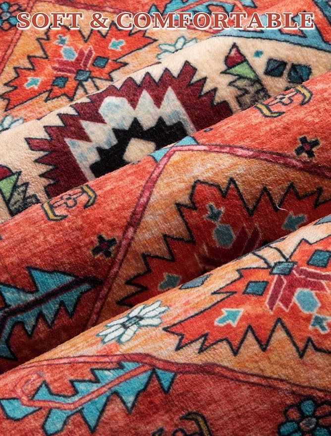 SERISSA Boho Washable Runner Rug, 2x6 Rug Runner Non-Slip Vintage Orange Hallway Kitchen Runner Rug Ultra Soft Print Distressed Tribal Floor Carpet Runner for Bedroom Bathroom Laundry Living Room