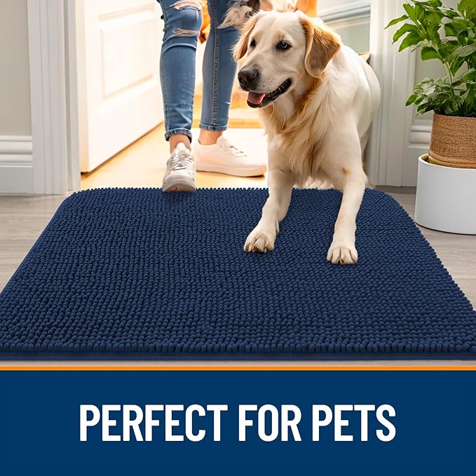 OLANLY Dog Door Mat for Muddy Paws 24x16, Absorbs Moisture and Dirt, Absorbent Non-Slip Washable Doormat, Quick Dry Chenille Mud Mat for Dogs, Entry Indoor Entryway Carpet for Inside Floor, Dark Blue