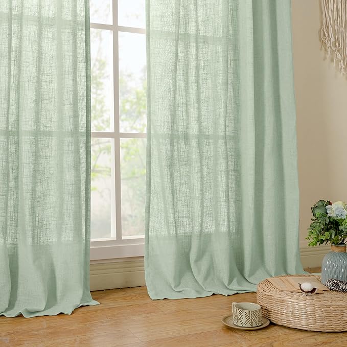 LAMIT Fresh Green 72 inch Linen Curtains for Living Room 2 Panels, Linen Textured Light Filtering Semi Sheer Back Tab and Rod Pocket Farmhouse Curtain Panels for Bedroom/Farmhouse, 52 x 72 Inch