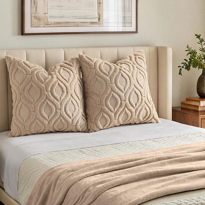 decorUhome Throw Pillow Covers 26x26 Inch Set of 2, Soft Plush Faux Wool Light Khaki Solid Couch Pillow Covers, Accent Euro Sham Farmhouse Neutral Square Pillow Cases for Sofa Bed Living Room