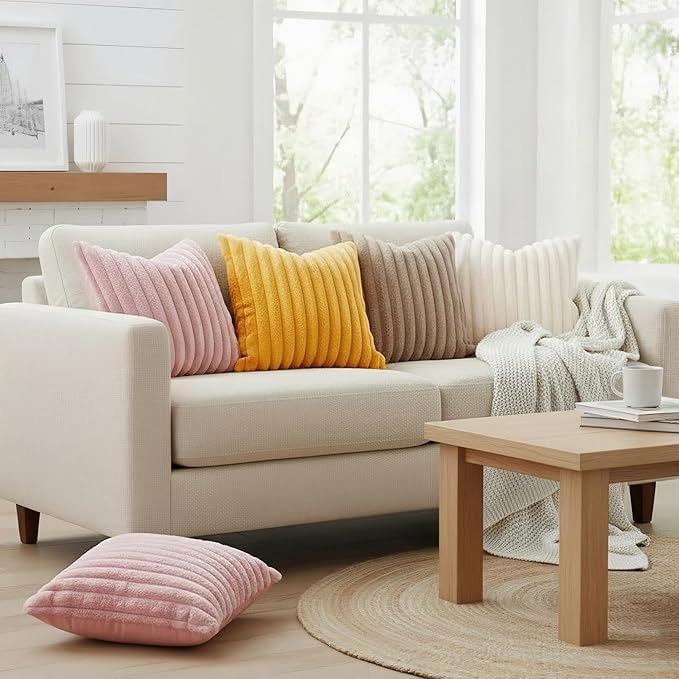 decorUhome Summer Cozy Faux Fur Throw Pillow Covers 12x20 Set of 2 Decorative Soft Plush Striped Lumbar Modern Farmhouse Boho Couch Pillow Cases with Velvet Back for Sofa Bed Living Room, Cream White