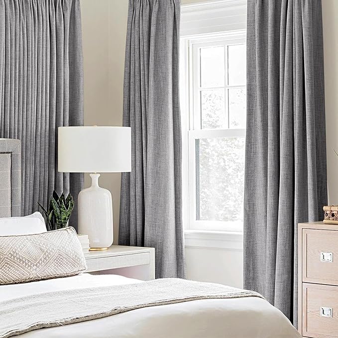 MIULEE Linen Textured 90 Inches Curtains for Bedroom 100% Blackout Thermal Insulated Grey Curtains Grommet Room Darkening Luxury Decor for Living Room Nursery 52 x 90 Inch (2 Panels)