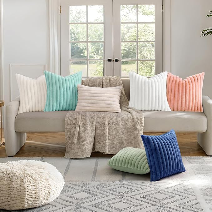 decorUhome Cozy Faux Fur Throw Pillow Covers 12x12 Set of 2 Decorative Soft Plush Striped Modern Farmhouse Boho Couch Pillow Cases with Velvet Back for Sofa Bed Living Room, Navy Blue