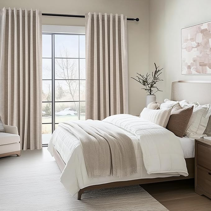 Topfinel 92 Inches Long Taupe Farmhouse Tweed Custom Black Out Drapery Panels, Rustic Country Faux Textured Opaque Pleated Window Coverings, Kids Cream Boho Heat Blocking Tab Top Curtains