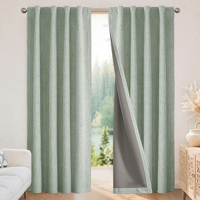 Joydeco Linen Blackout Curtains for Bedroom - 100% Light Blocking 1 Panels, Sage Green Drapes 100" W x 84" L, Thermal Insulated Room Darkening Curtains for Living Room, Rod Pocket & Back Tabs