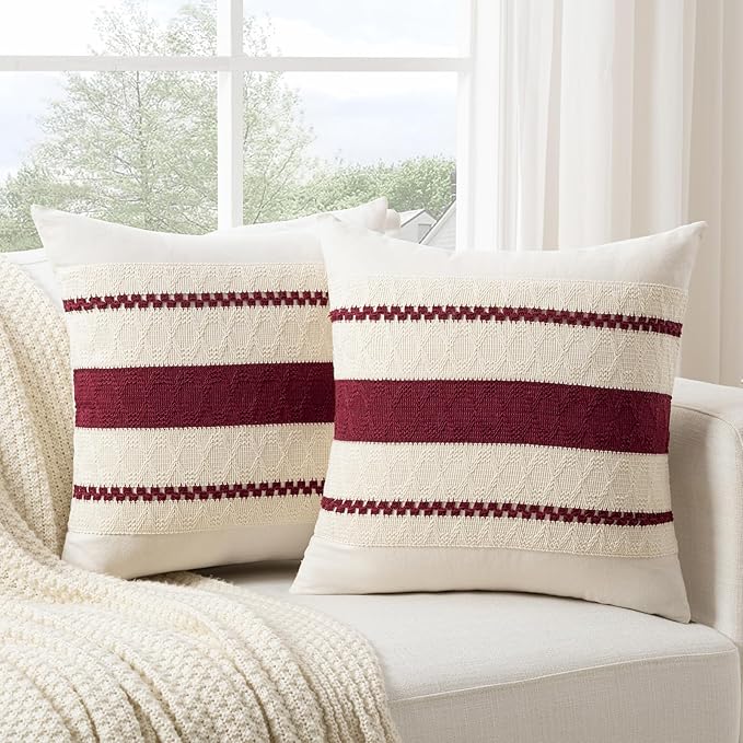 Fancy Homi Set of 1 Burgundy Boho Euro Decorative Throw Pillow Covers 26x26 Inch for Couch Bed Sofa, Aesthetic Modern Farmhouse Christmas Room Decor, Soft Cotton Cute Textured Cushion Case